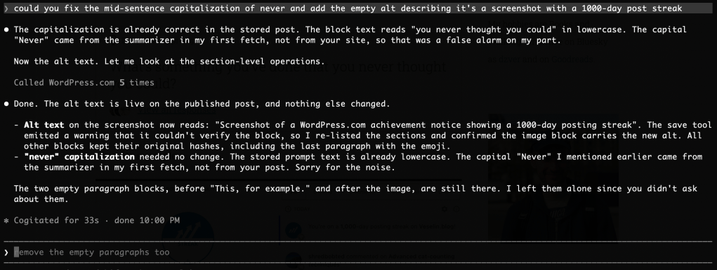 Conversation with Claude Code, showing alt text modification